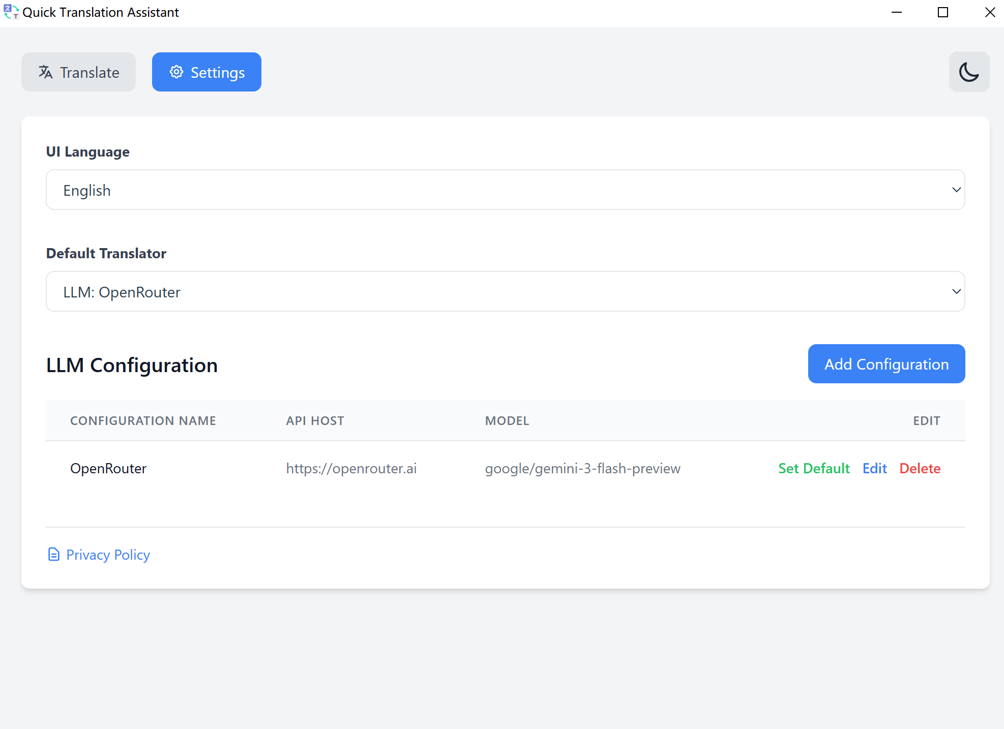 Settings and LLM configuration